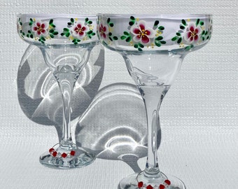 Margarita Glasses Hand Painted Red and White Flowers Set of 2, Mothers Day, Anniversary, Birthday, Flower Lover,  Gifts For Her