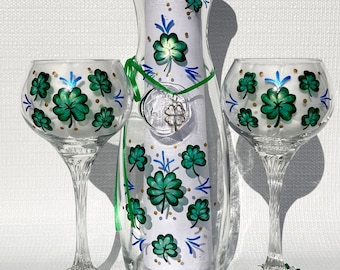 Carafe and Wine Glasses Hand Painted Emerald Green Shamrocks and Four Leaf Clover 3 Piece Set, St Patricks Day, Irish Gifts For Her