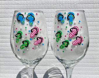 Wine Glasses Hand Painted Flip Flops and Colorful Confetti Set of 2, Birthday Gift, Mothers Day Gift, Wine Glass Charms