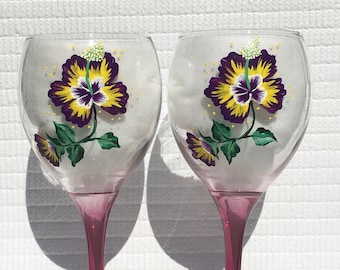 Wine Glasses Hand  Painted Purple and Yellow Hibiscus and Wine Glass Charms Set of 2, Birthday, Anniversary,  Mothers Day Gift