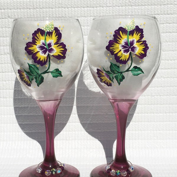 Wine Glasses Hand  Painted Purple and Yellow Hibiscus and Wine Glass Charms Set of 2, Birthday, Anniversary,  Mothers Day Gift