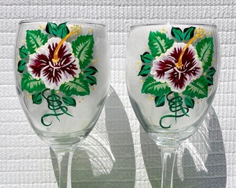 Wine Glasses Hand Painted Red and White Flowers Wine Glass Charms Included Set of 2, Mothers Day Gifts, Anniversary,  Birthday Gift