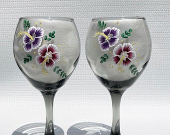 Black Wine Glasses Hand Painted Flowers and Wine Glass Charms Set of 2,  Birthday, Anniversary, Mothers Day Gift Idea