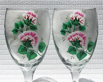 All Purpose Glasses Hand Painted Pink Flowers and Crystal Wine Charms Set of 2, Mothers Day Gifts, Anniversary, Birthday, Gifts For Her