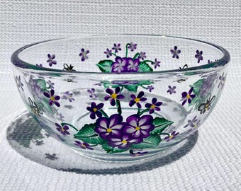 Glass Bowl With Hand Painted Purple Violets and Bees 6 in x 3 in, Flower Lover Gift, Home Decor