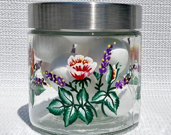 Floral Glass Jar With Lid Hand Painted Multicolored Flowers, Canister, Kitchen Storage, Cookie Jar