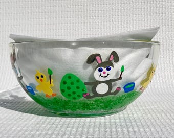 Plato de dulces de Pascua pintado a mano con pollitos, conejitos y huevos, decoración de primavera, 6 x 3 pulgadas