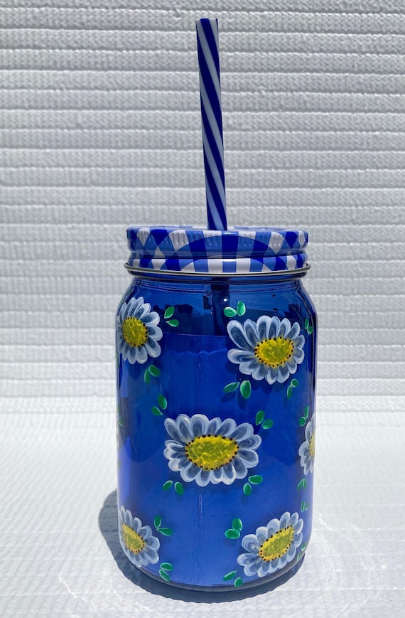 Blue Travel Drinking Glass With Lid and Straw 16 Oz Hand Etsy