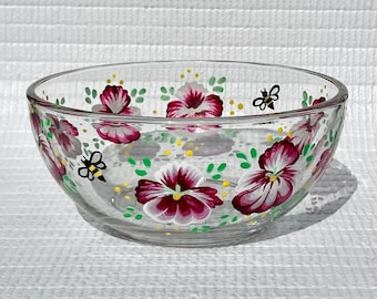 Glass Bowl Candy Dish Hand Painted Pansies 6 in x 3 in, Flower Lover Gift, Home Decor, Flowers, July Birthday, Gifts For Her, Free Shipping