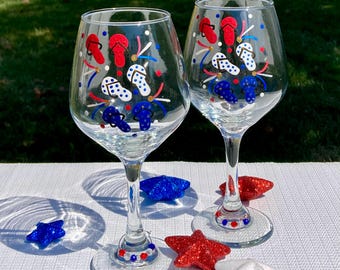 Hand Painted Patriotic Wine Glasses, Red White Blue Flip Flops, Set of 2, Summer Glasses