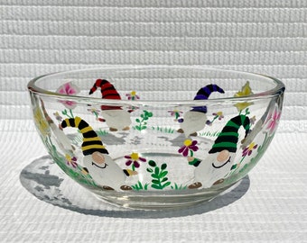 Glass Bowl Hand Painted Colorful Gnomes and Flowers, Mothers Day, Candy Dish, Gifts For Her, Home Decor, Free Shipping