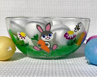 Plato de dulces de Pascua pintado a mano, conejitos y huevos, decoración primaveral, 6 x 3 pulgadas