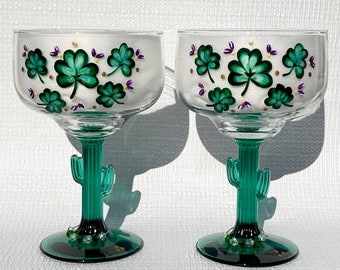 Margarita Glasses Cactus Stem Hand Painted Shamrocks and Purple Flowers Set of 2- 16 oz., Birthday Gift, Gift For Her