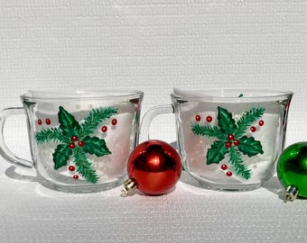 Hand Painted Coffee Mugs, Holly and Pine, Set of 2, Christmas