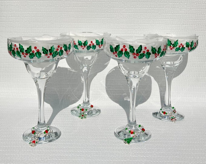 Christmas Cocktail Glasses Hand Painted Holly and Red Berries Set of 4