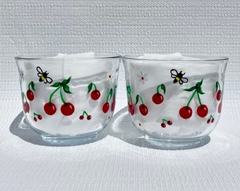 Big Glass Coffee Cups Hand Painted Cherries and Flowers Set of 2-16 oz, Soup Mugs, Tea Cups, Kitchen Decor, Birthday, Gifts For Her