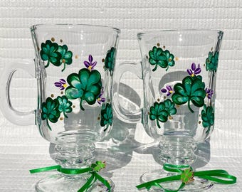 Hand Painted Shamrock Irish Coffee Glasses, Set of 2, Mothers Day Gift