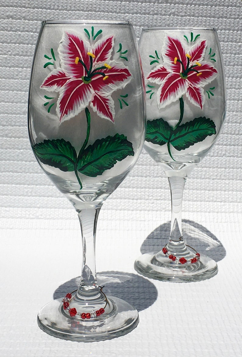 Wine Glasses Hand Painted Red White Lily Crystal Wine Glass Charms, Set of 2-12 oz. Mothers Day Gift, Birthday, Anniversary, Gift For Her image 7