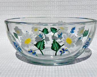 Glass Bowl With Hand Painted Daisies and Blue Flowers (6in x 3in) Candy Dish, Home Decor
