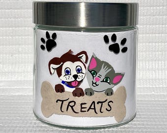 Hand Painted Pet Treat Jar with Puppy and Kitten, Dog Mom Gift