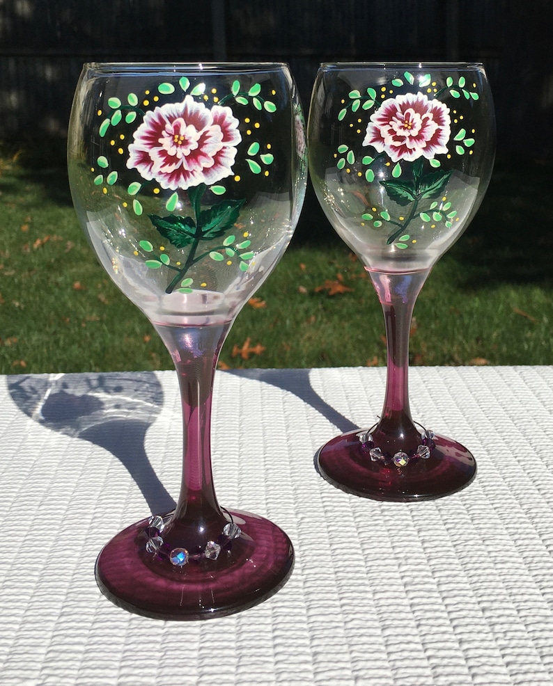 Wine Glasses Hand Painted Burgundy and White Flowers With Wine Etsy