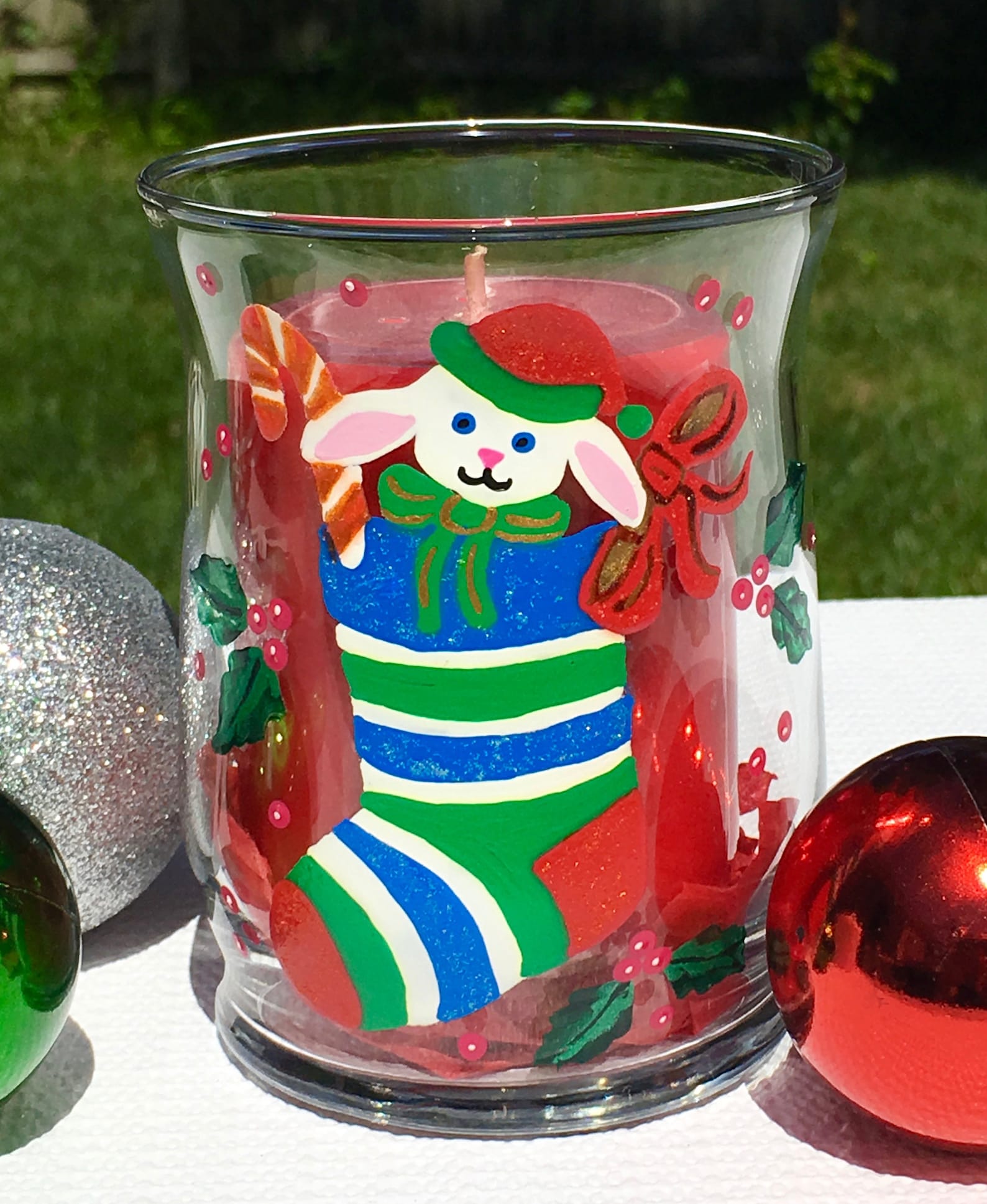 Christmas Candle Holder Hand Painted Stocking and Holly Etsy