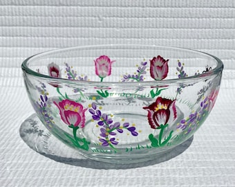 Glass Bowl Hand Painted Tulips and Spring Flowers 6 in x 3 in, Home Decor, Candy Dish, Mothers Day, Flower Lover Gift, Free Shipping