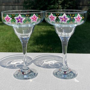 Margarita Glasses Hand Painted Pink and Violet Flowers Set of 2, Mimosa Glasses, Anniversary, Birthday, Gifts For Her