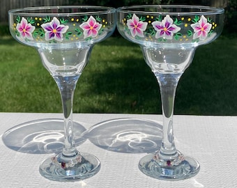 Juego de 2 copas de margarita pintadas a mano con flores rosas y violetas, copas de mimosa, Día de la Madre, Cinco de Mayo