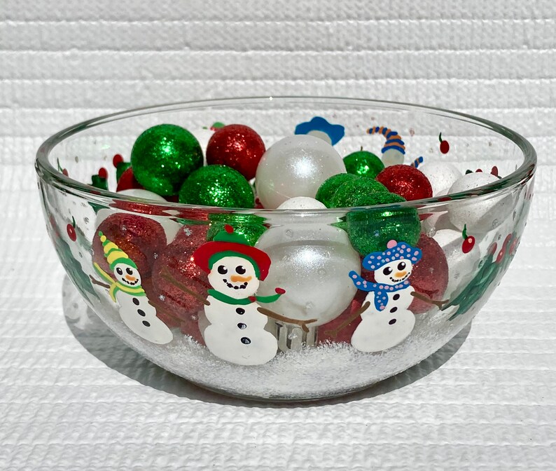 Christmas Bowl Candy Dish Hand Painted Snowmen and Holly Etsy