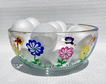 Bol de vidrio pintado a mano, bombonera con flores y mariposas, 15 cm x 7,5 cm, decoración para el hogar.
