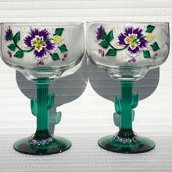 Margarita Glasses Hand Painted Purple and White Flowers Set of 2, Cactus Stem Glasses,  Christmas, Birthday Gifts For Her