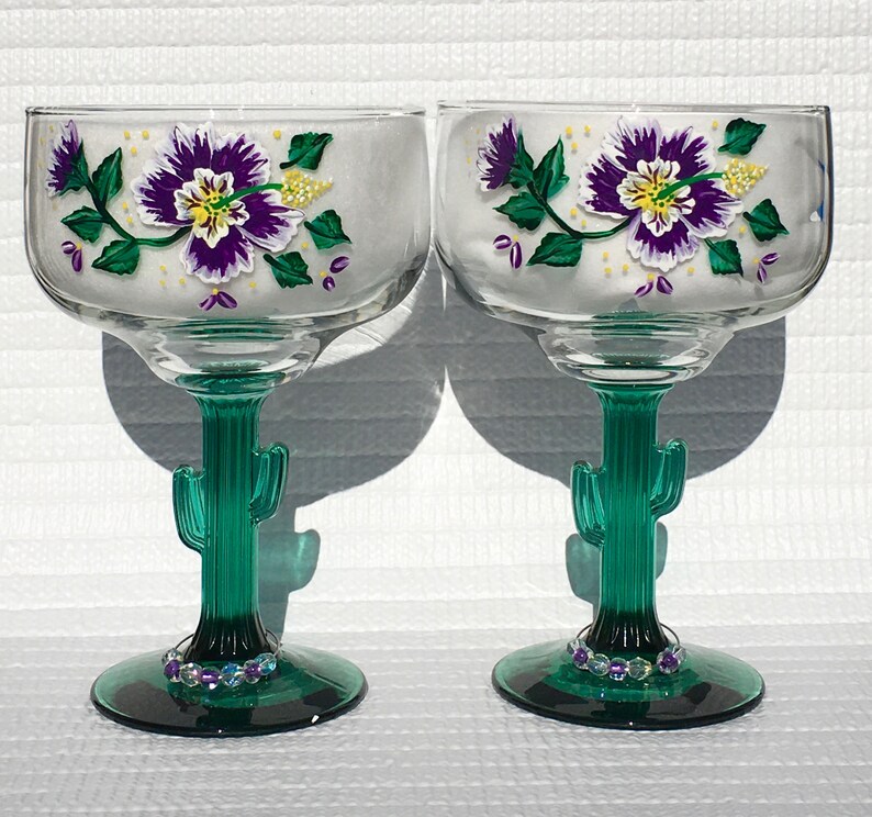 Margarita Glasses Hand Painted Purple and White Flowers Set of Etsy