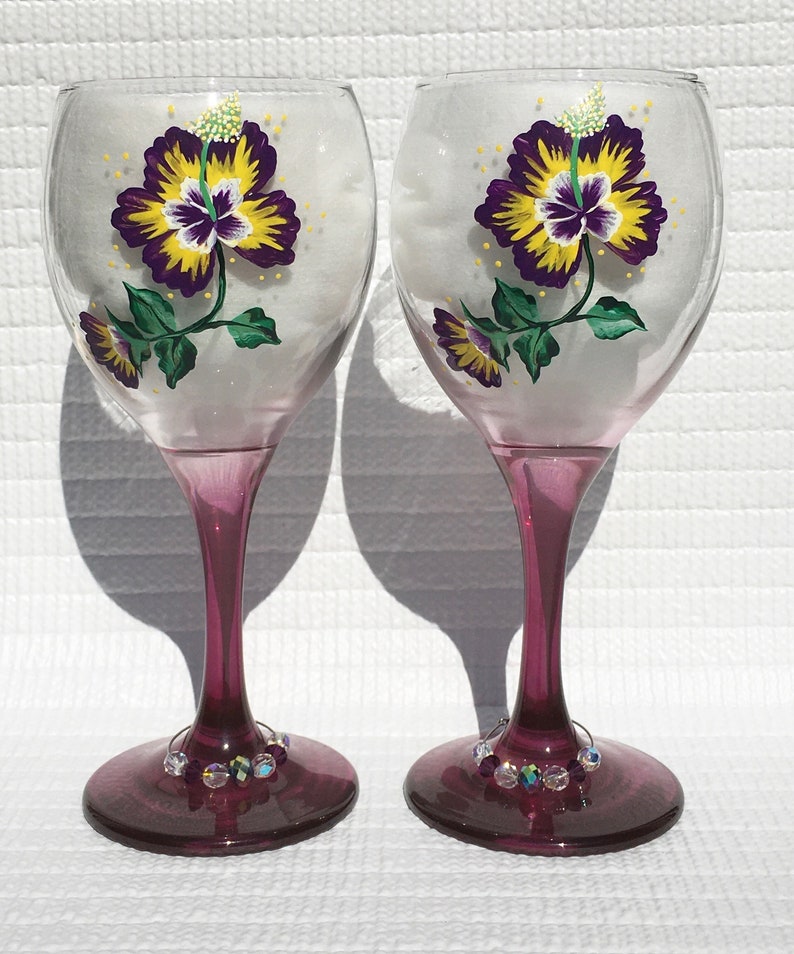 Wine Glasses Hand Painted Purple and Yellow Hibiscus and Wine Etsy