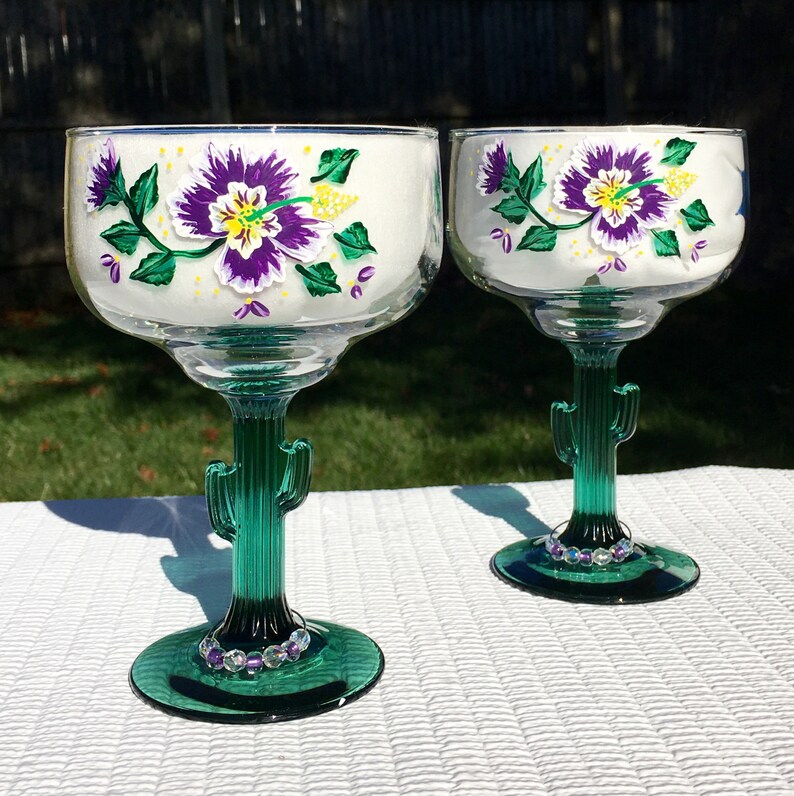 Margarita Glasses Hand Painted Purple and White Flowers Set of Etsy