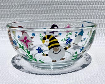 Glass Bowl Hand Painted Rainbow Colored Gnomes and Flowers 6 in x 3 in, Gnome Lover, Candy Dish
