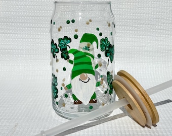 Hand Painted Glass With Bamboo Lid and Straw, Shamrocks and Gnomes