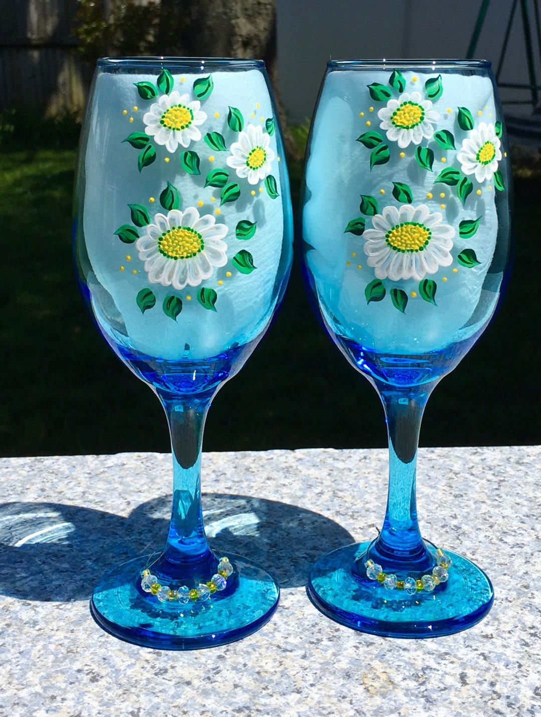 Blue Wine Glasses Hand Painted White Daisies and Wine Glass Etsy