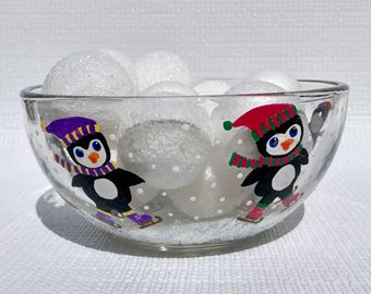 Candy Dish, Hand Painted Penguins On Skates, Winter Holiday Decor 6 in x 3 in, Christmas Bowl