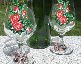 Vasos de daiquiri con rosas pintadas a mano, con dijes de corazón con cuentas, juego de 2, Día de la Madre