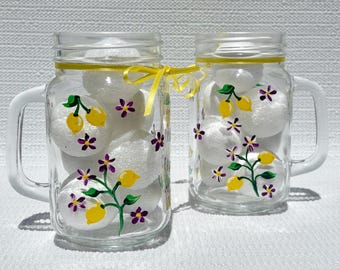 Tazas Mason Jar pintadas a mano, limones y flores, juego de 2 vasos rústicos, 473 ml (16 oz)
