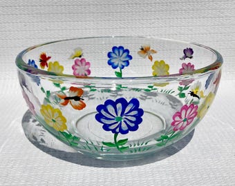 Glass Bowl Hand Painted Flowers and Butterflies, 6in x 3in, Candy Dish, Mothers Day Gift, Home Decor