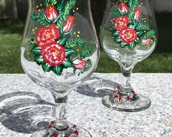 Hand Painted Rose Daiquiri Glasses, Beaded Heart Charms, Set of 2, Mothers Day Gift