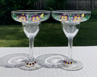 Juego de 2 copas de margarita pintadas a mano con flores moradas y amarillas de 295 ml (10 oz). Ideales para aniversarios, cumpleaños, Día de la Madre y Cinco de Mayo.