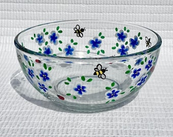Dulcera de vidrio pintada a mano: Flores azules, mariquitas (15 cm x 7,5 cm) Día de la Madre