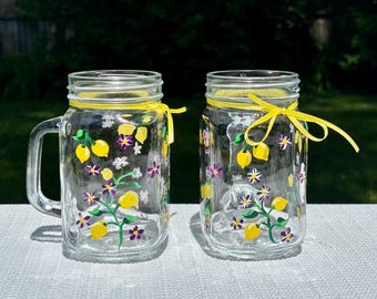 Hand Painted Mason Jar Mugs, Lemons and Flowers, Country Glasses Set of 2, 16 oz, Gift Idea