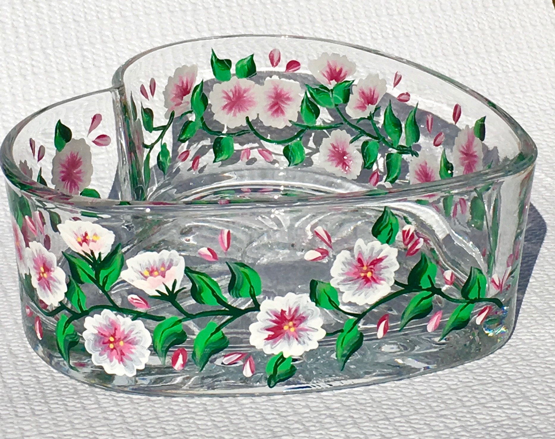 Glass Heart Bowl Hand Painted Pink and White Flowers Etsy