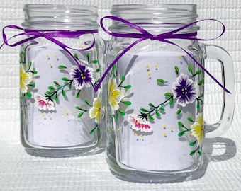 Mason Jar Mugs Hand Painted Multi-colored Flowers 16 oz, Boho Glasses, Flower Lover,  Birthday, Mothers Day