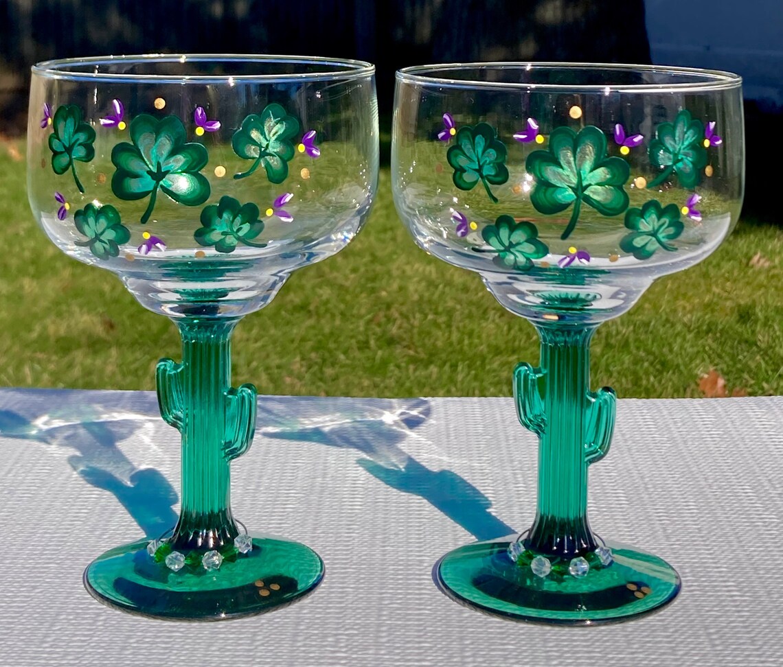 Margarita Glasses Cactus Stem Hand Painted Shamrocks and Etsy