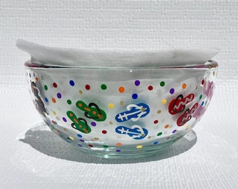Rainbow Flip Flops Hand Painted Glass Bowl 6 in x 3 in, Candy Dish, Beach House, Summer Decor